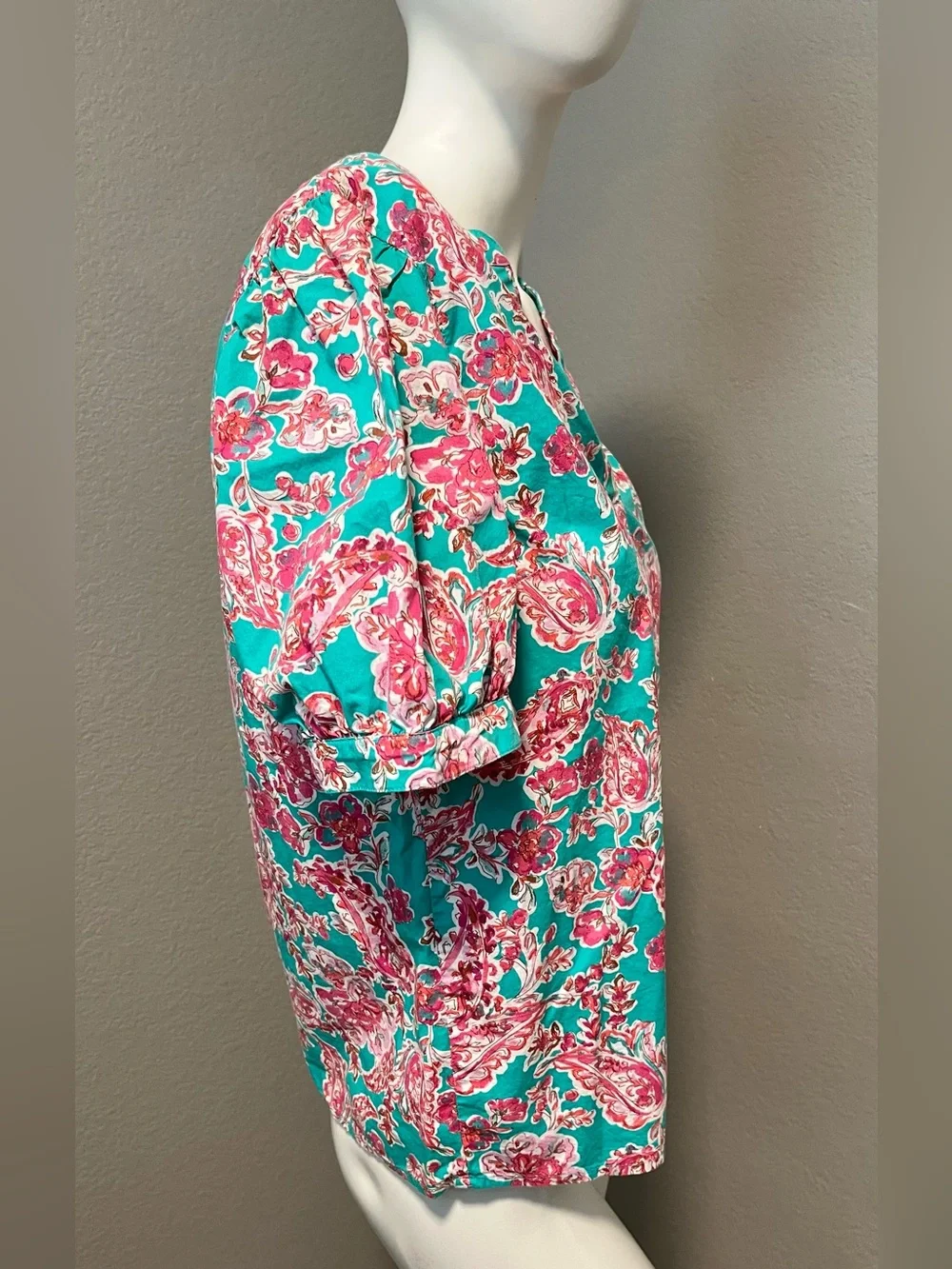 J. CREW Women’s Turquoise  Floral Paisley V-Neck SS Top  Blouse Size XS